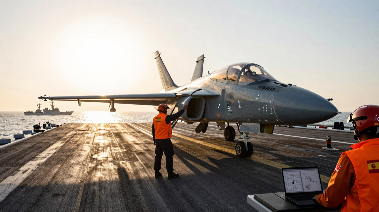 Caça militar em um porta-aviões com equipe de solo em ação ao pôr do sol no mar.