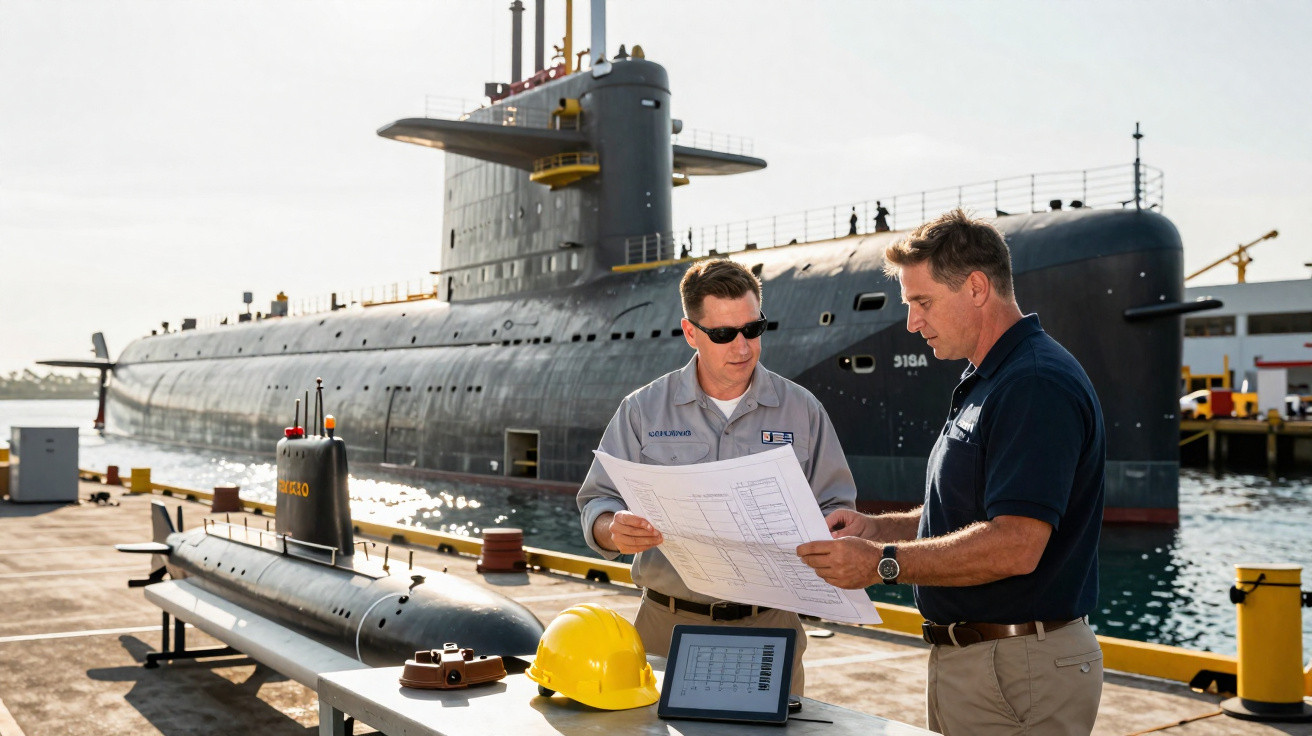 Dois homens revisam documentos ao lado de um submarino e maquete em doca naval ensolarada.