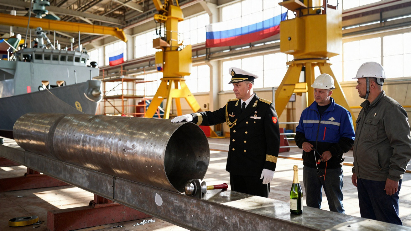 Oficiais e trabalhadores em capacetes observam peça metálica cilíndrica em estaleiro naval com bandeira russa.