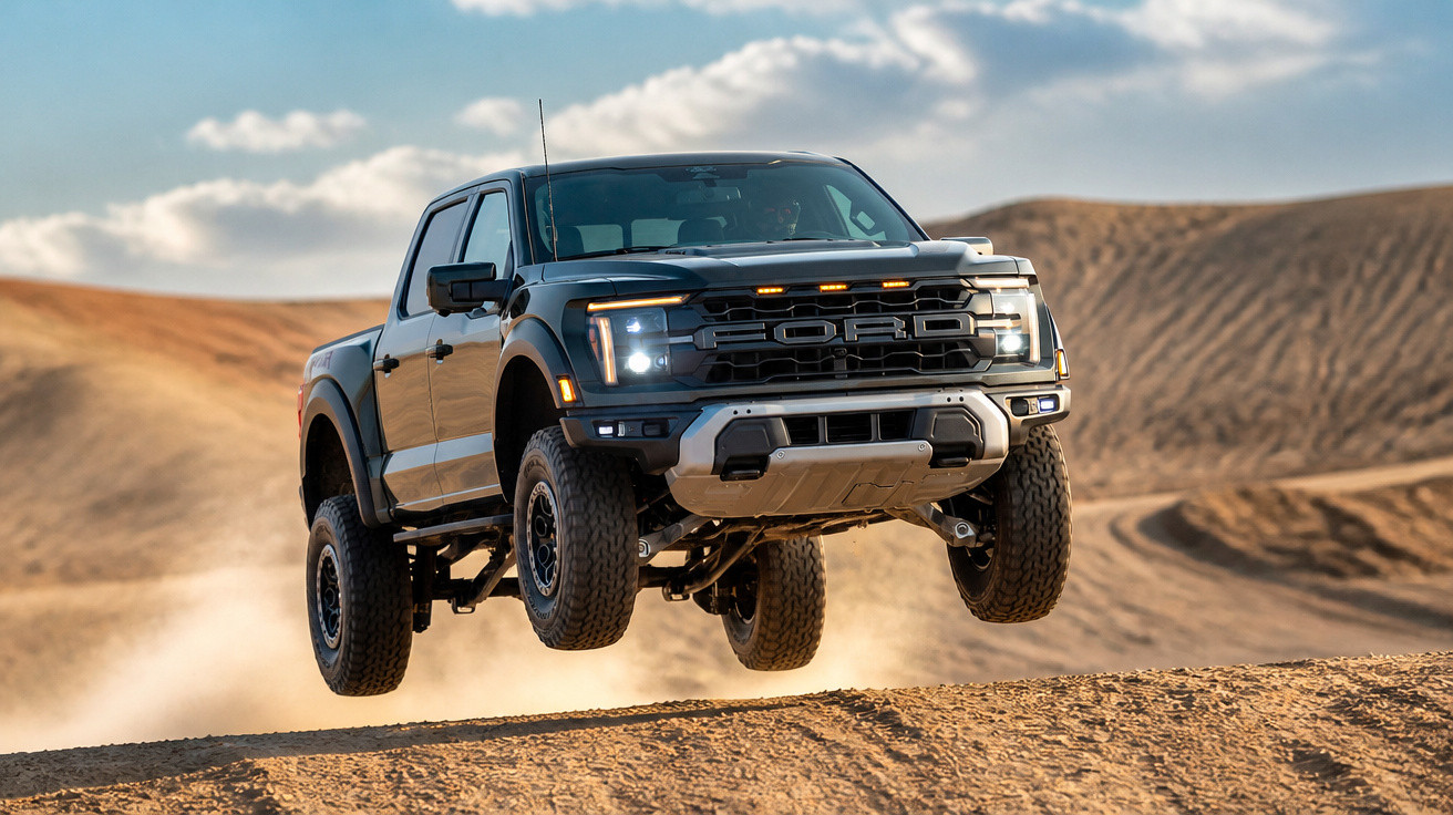 Picape preta Ford Raptor em suspensão saltando sobre terreno arenoso em área deserta.