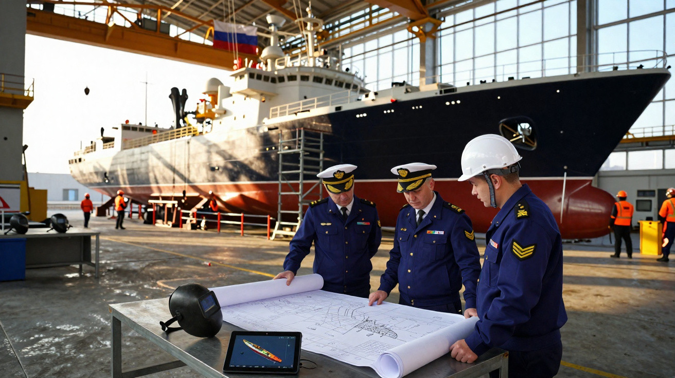 Três oficiais navais revisam planos sobre mesa em estaleiro com navio grande ao fundo.