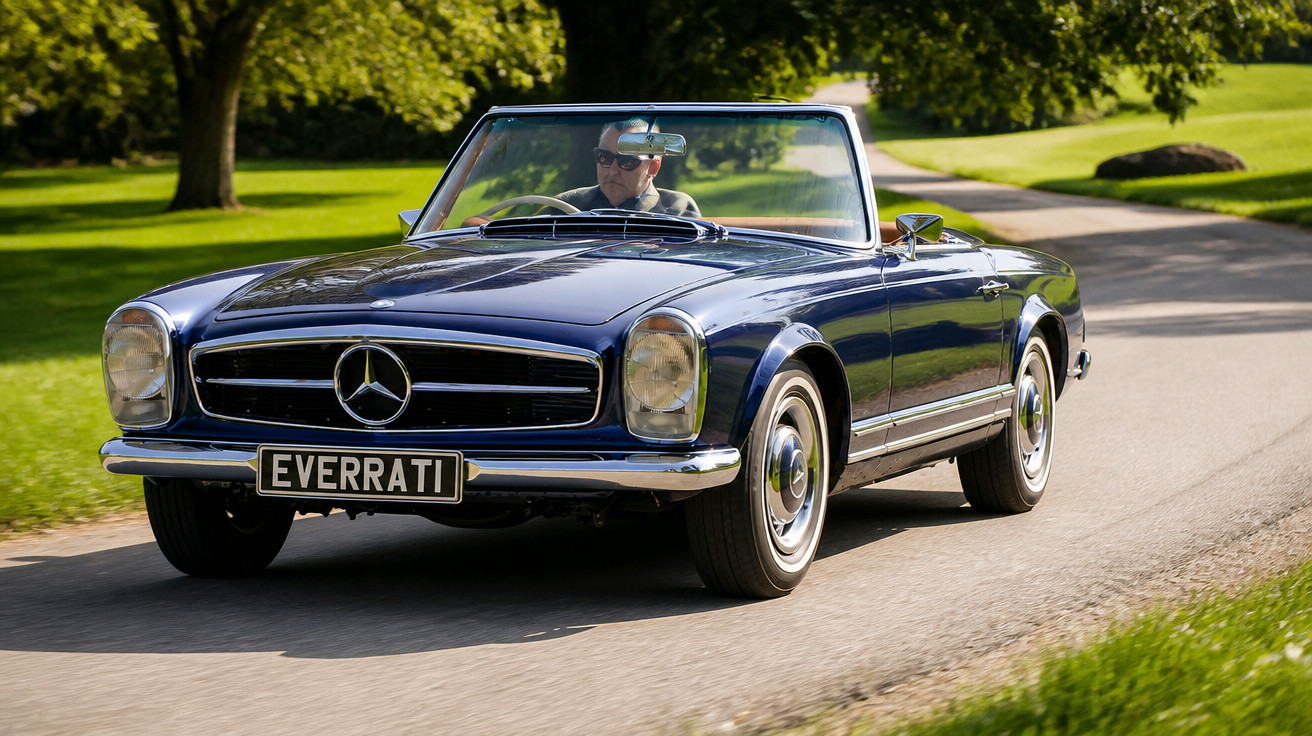 Carro conversível Mercedes-Benz clássico azul escuro em estrada cercada por árvores verdes.