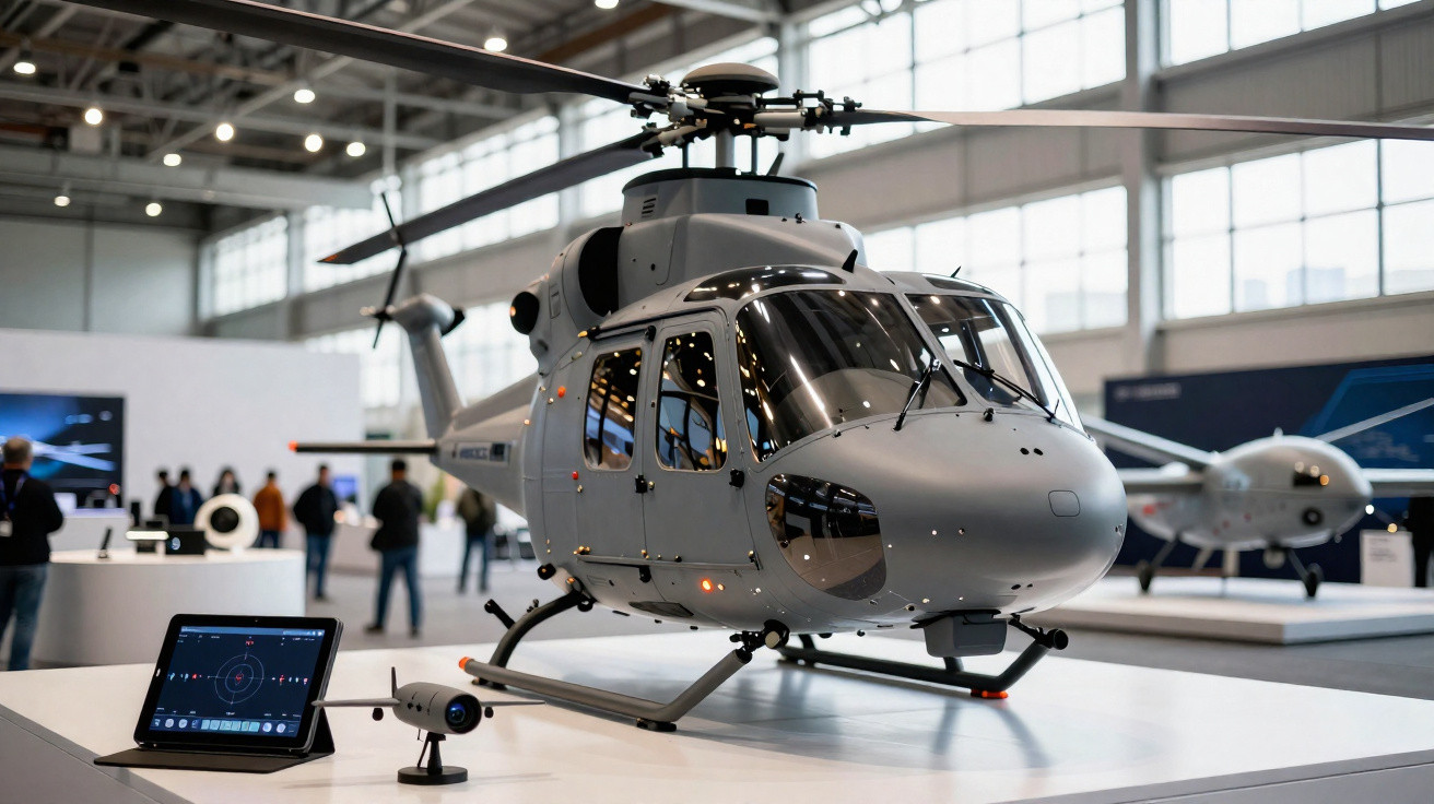 Helicóptero cinza exposto em ambiente interno, com mesa e equipamento tecnológico ao lado.