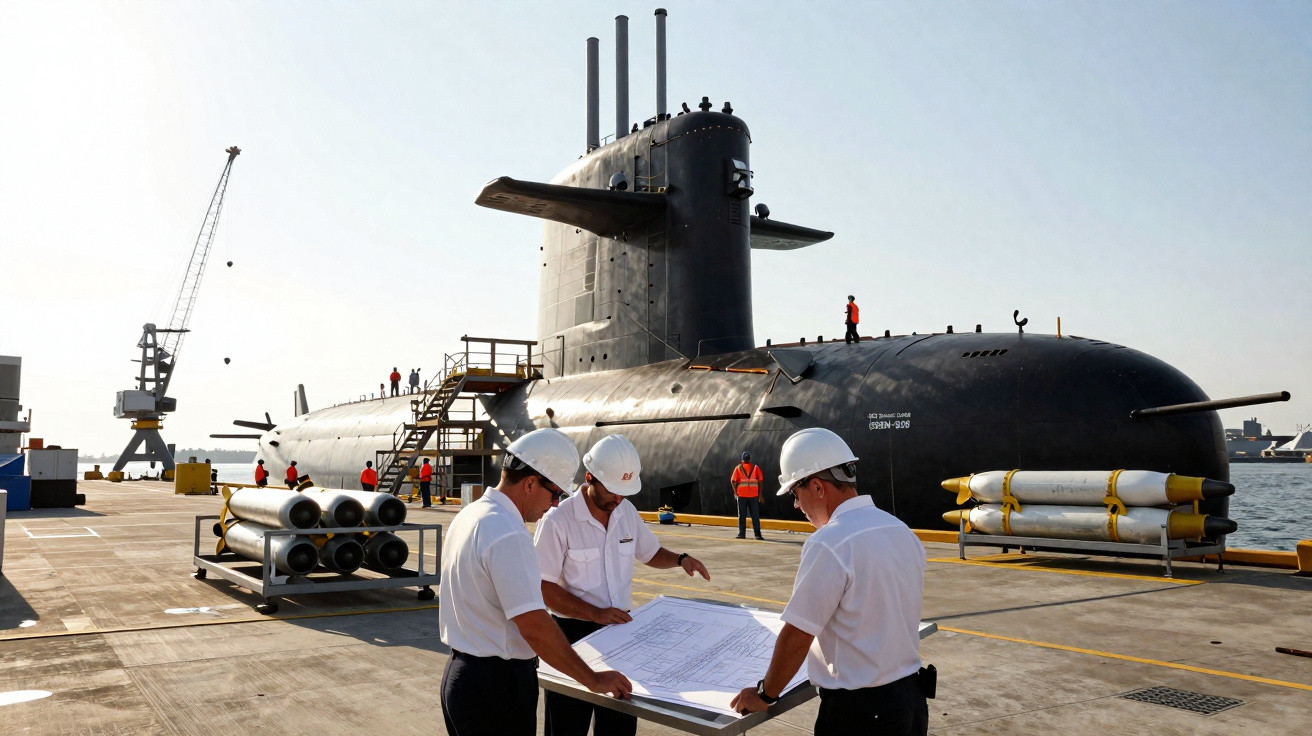 Submarino preto ancorado no porto com três homens de capacete branco analisando plantas no píer.