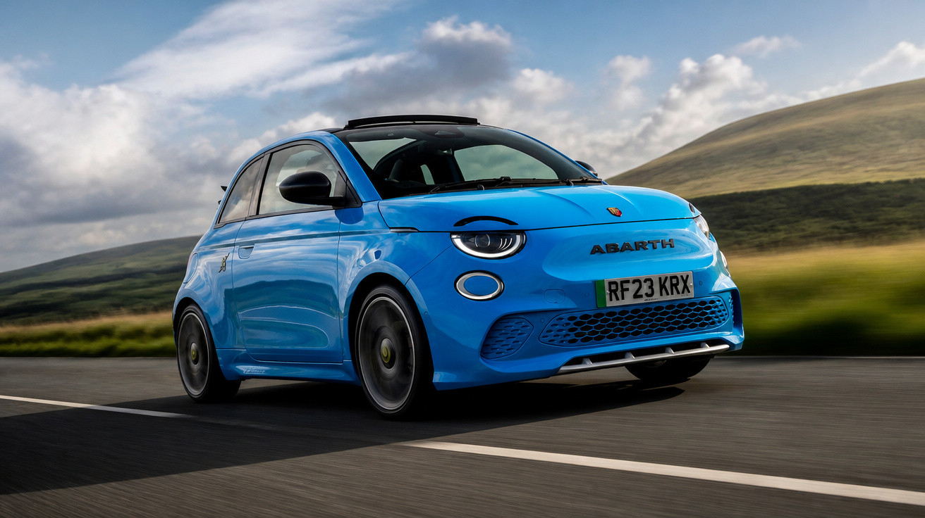 Carro esportivo azul Abarth circulando em estrada asfaltada com colinas e céu nublado ao fundo.