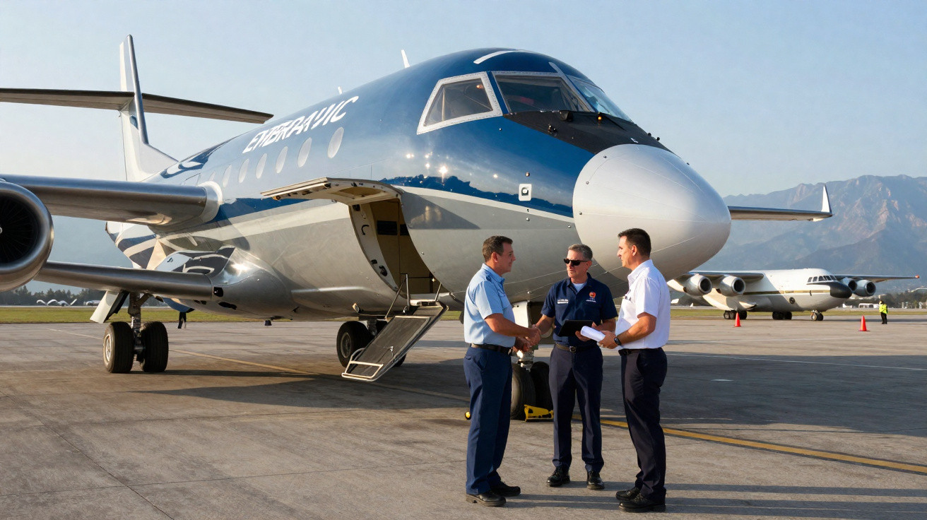 Três homens em uniforme conversam ao lado de um avião Embraer no pátio de aeroporto ensolarado.