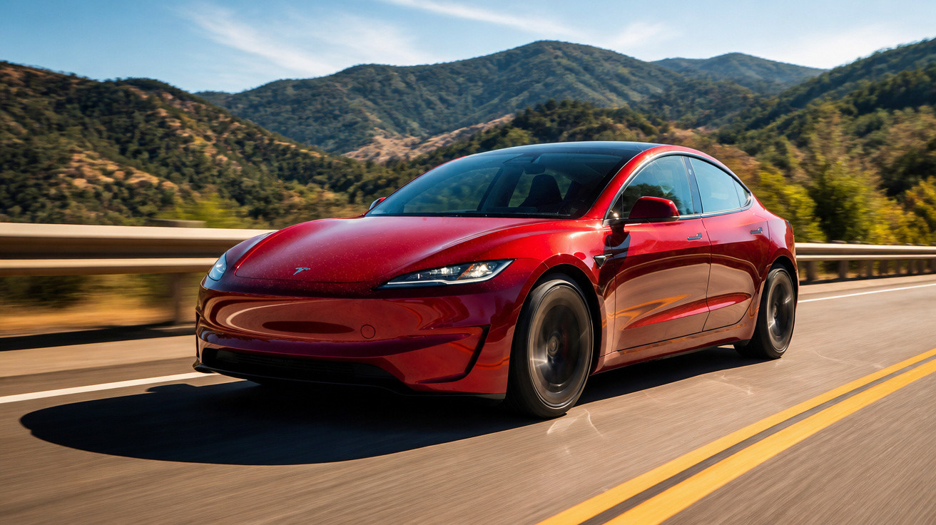 Carro elétrico vermelho Tesla em movimento numa estrada com montanhas e céu ao fundo.