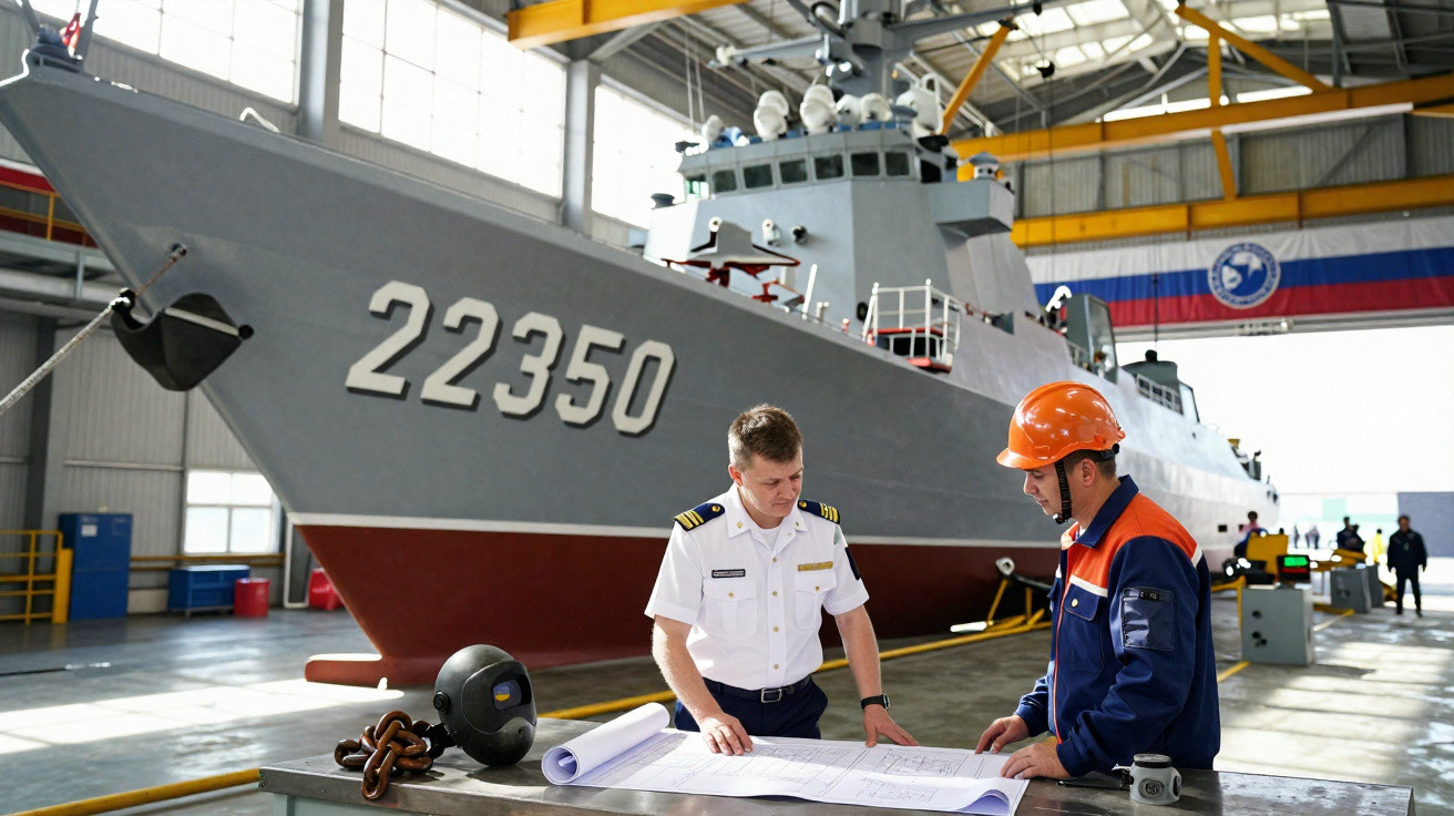 Dois homens analisando plantas em frente a um navio militar cinza dentro de um galpão industrial.