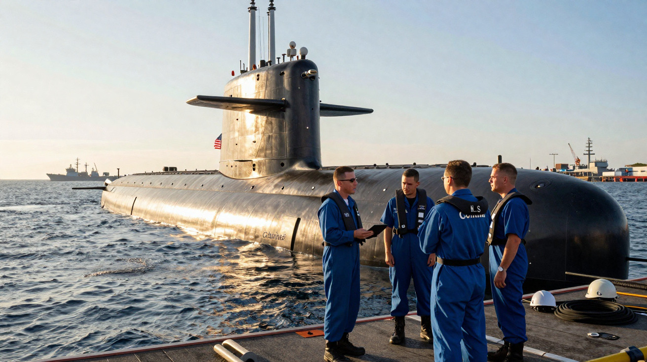 Submarino militar na água com quatro tripulantes em uniforme azul conversando no convés ao pôr do sol.