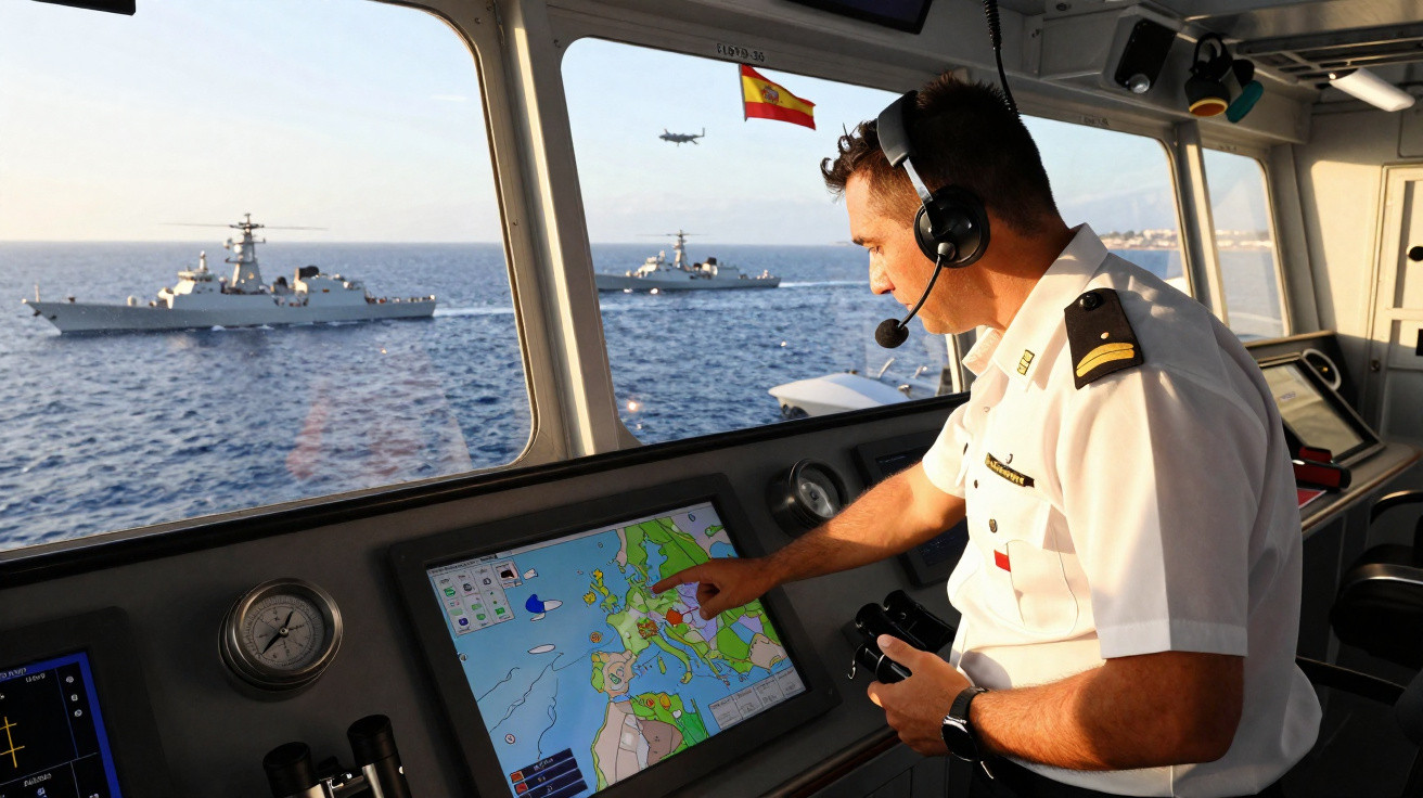 Oficial da marinha espanhola operando radar em navio com dois navios de guerra ao fundo no mar.