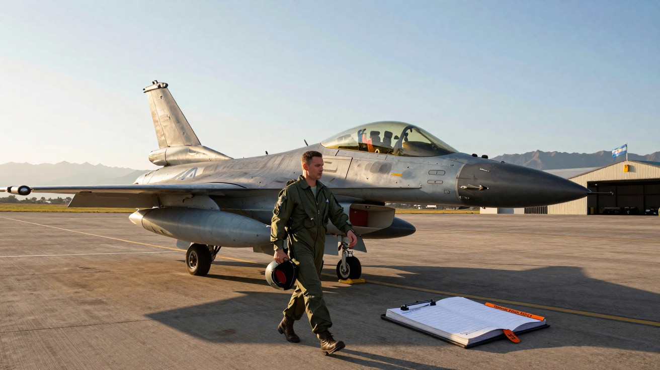 Avião de caça estacionado em pista com piloto caminhando ao lado, segurando capacete, ao amanhecer.