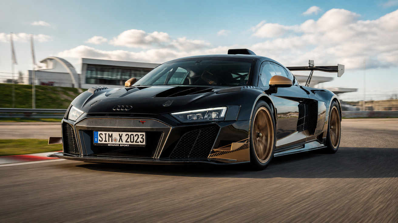 Carro esportivo Audi R8 preto com detalhes dourados em alta velocidade na pista de corrida.