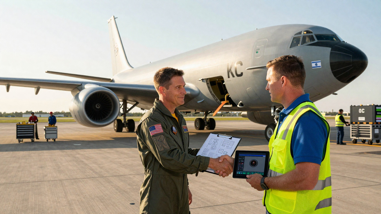 Dois homens apertam as mãos em frente a um avião militar KC no aeroporto ao entardecer.