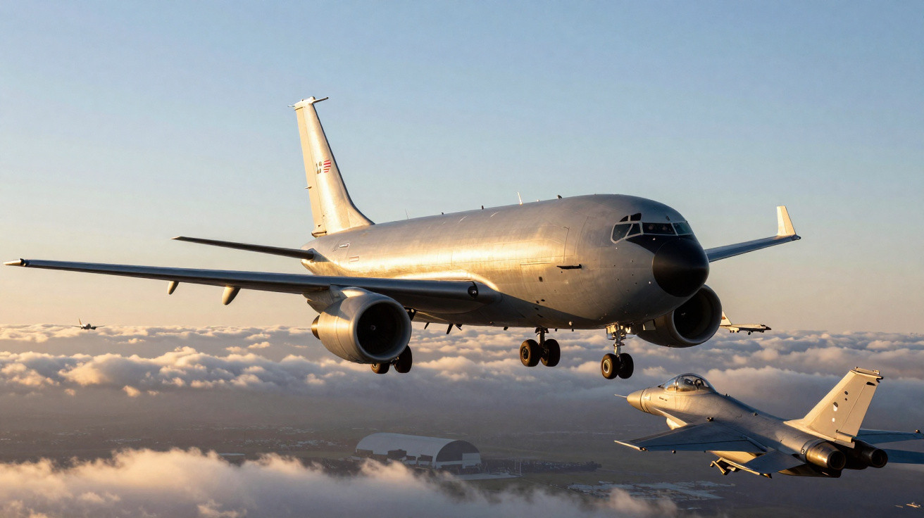 Avião militar de grande porte acompanhado por caça em voo sobre nuvens ao pôr do sol.