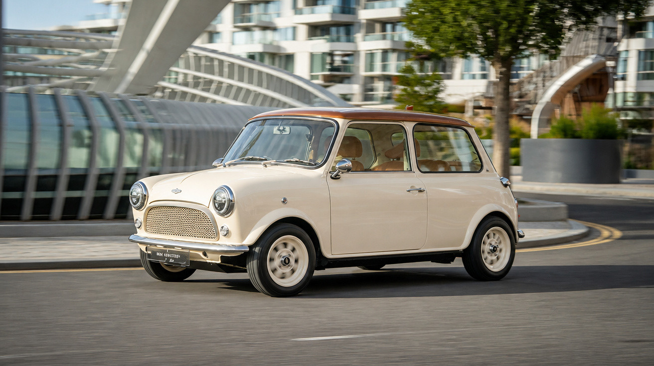 Carro clássico Mini Cooper bege com teto marrom circulando em rua urbana moderna durante o dia.