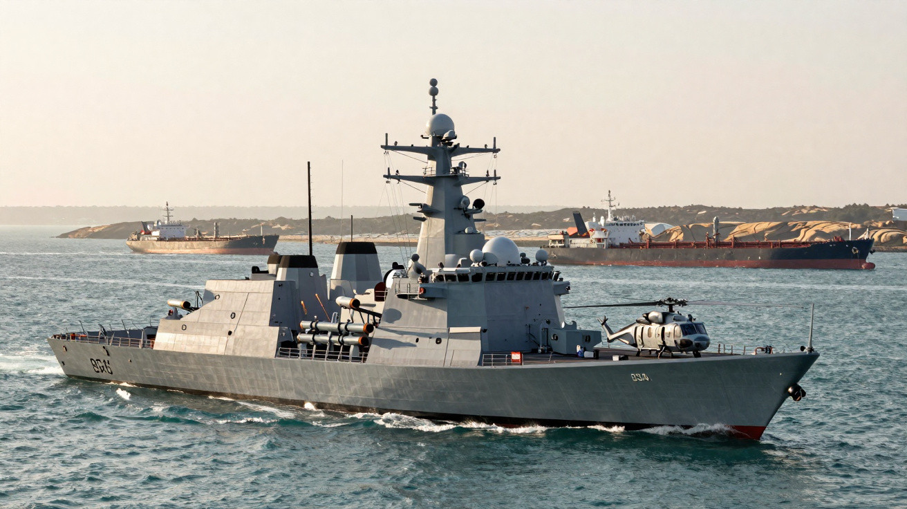 Navio de guerra cinza com helicóptero a bordo navegando próximo à costa durante o dia.