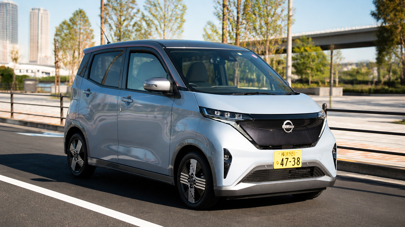 Carro compacto elétrico cinza estacionado na rua em área urbana com árvores e prédios ao fundo.