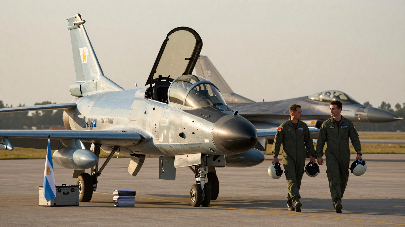 Caça militar com cockpit aberto estacionado ao lado de dois pilotos andando em pista de aeroporto.
