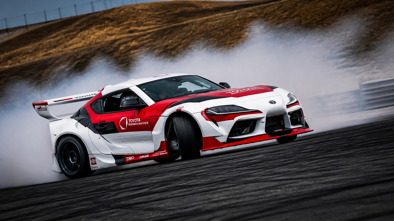 Carro de corrida Toyota branco e vermelho fazendo drift em pista com fumaça no fundo.