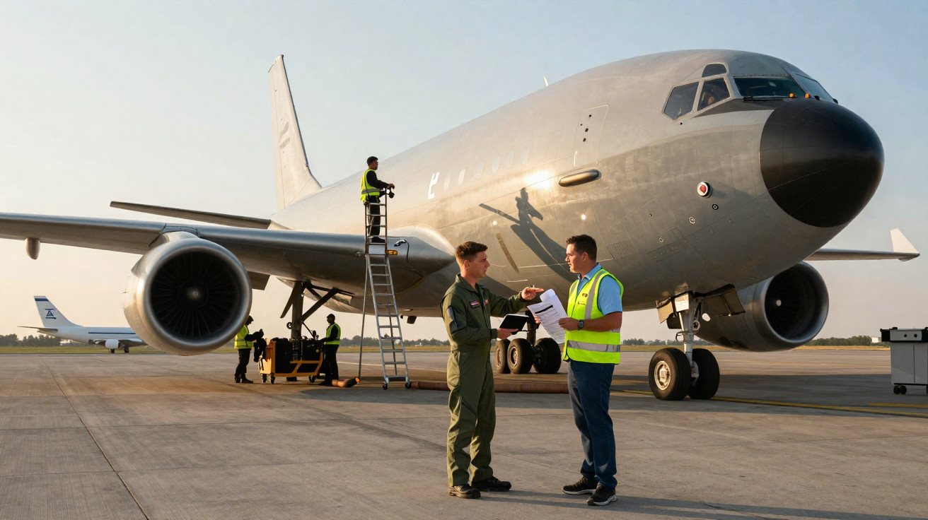 Funcionários conferem documentos e realizam manutenção em avião militar estacionado em pista de aeroporto.