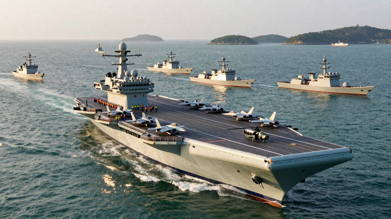 Porta-aviões com caças e navios de guerra escoltando no mar próximo a ilhas.