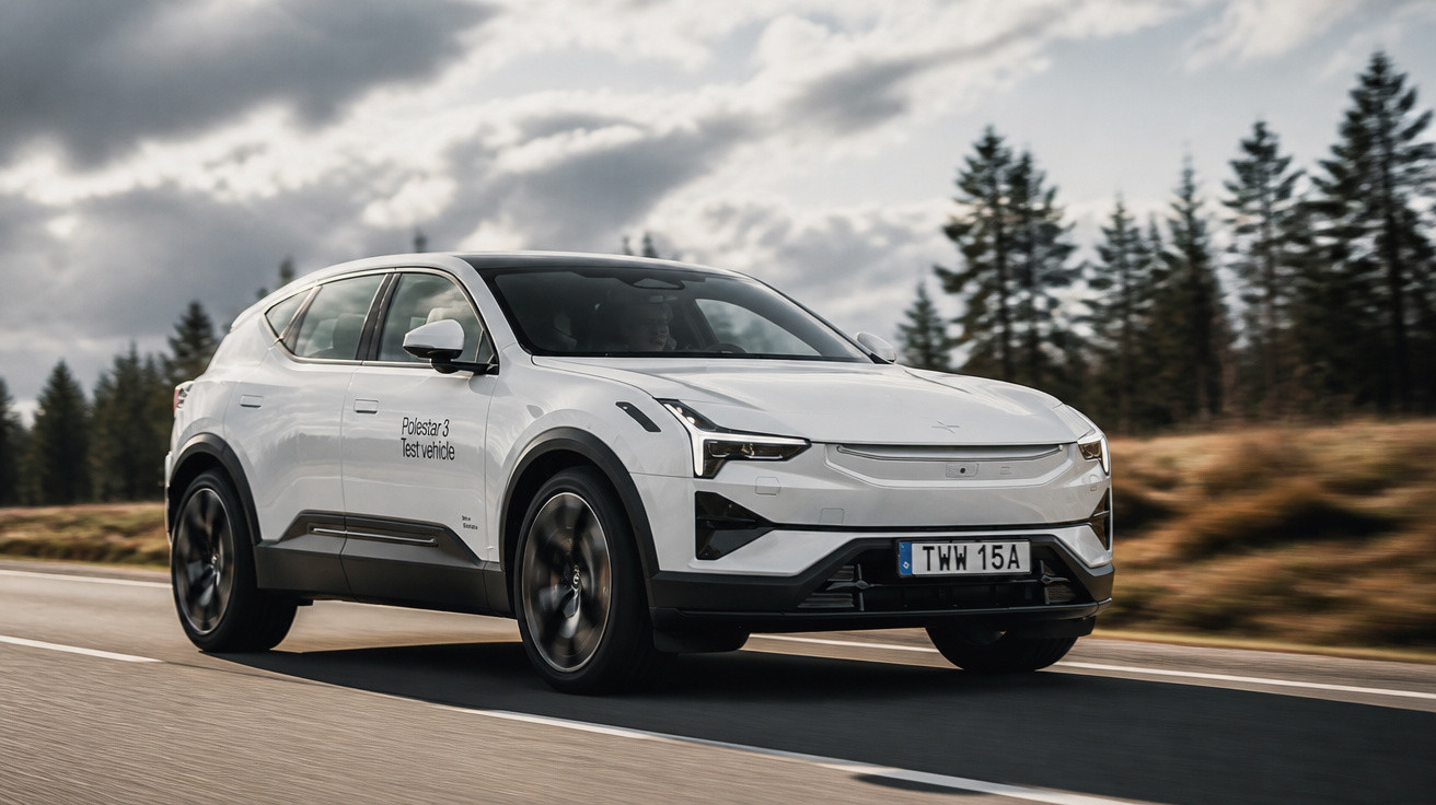 Carro elétrico branco Polestar 3 em movimento numa estrada com árvores e céu nublado ao fundo.