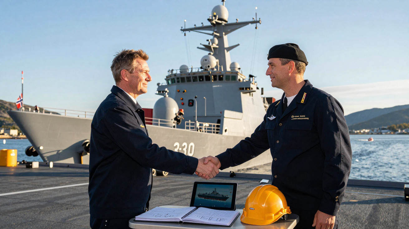 Dois homens em uniformes apertando as mãos em um cais com navio militar ao fundo.