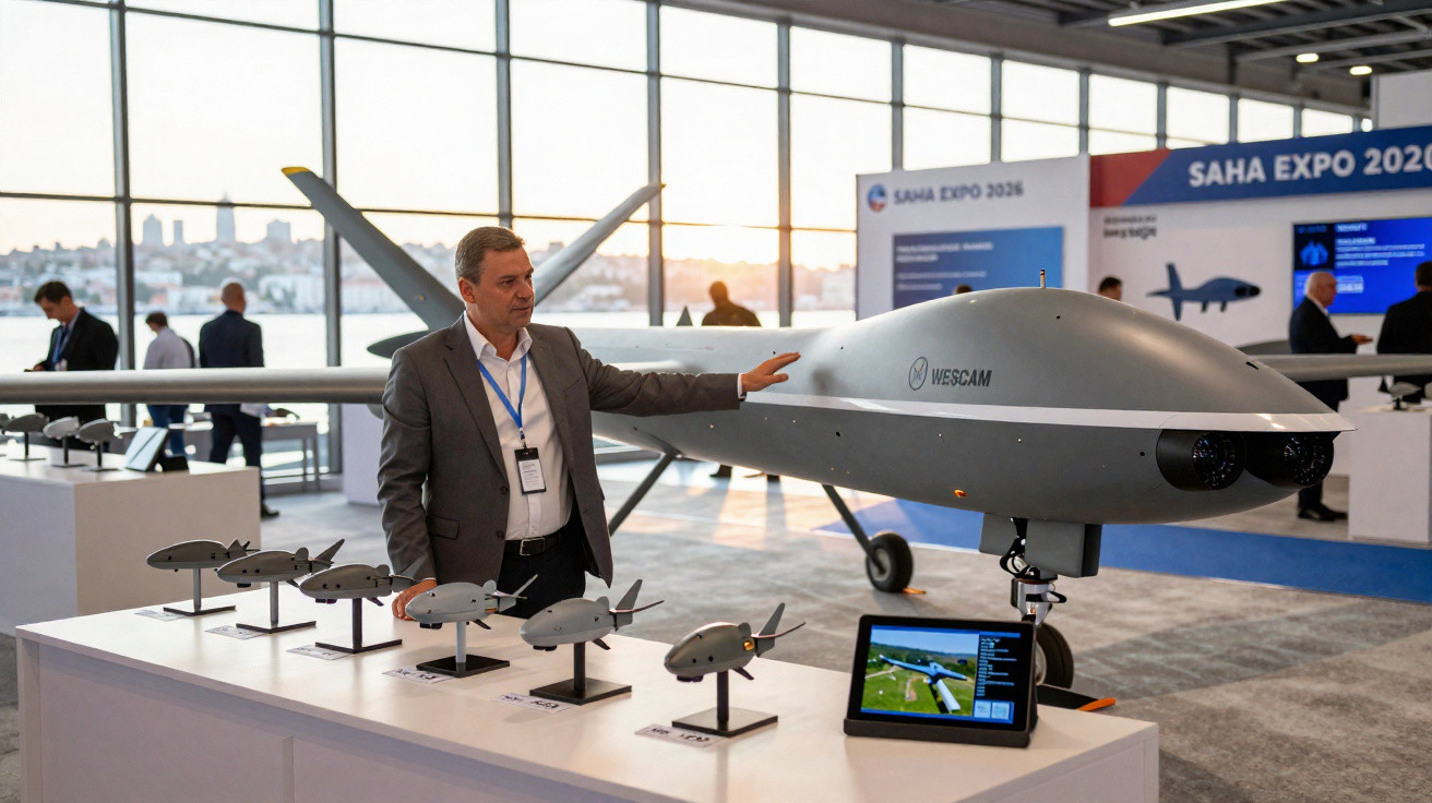Homem apresenta drone grande e miniaturas expostas em mesa na feira SAHA EXPO 2020.