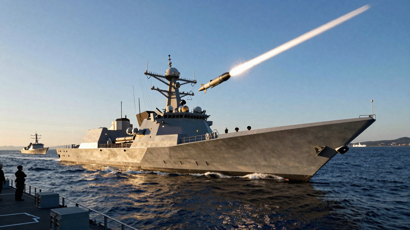 Navio de guerra lançando míssil sobre o mar em dia ensolarado.