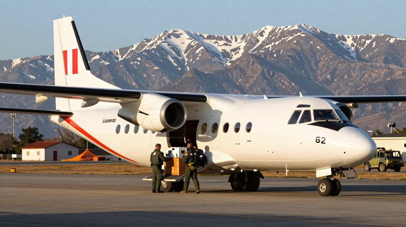 Avião militar branco com duas pessoas ao lado e montanhas ao fundo em dia claro.