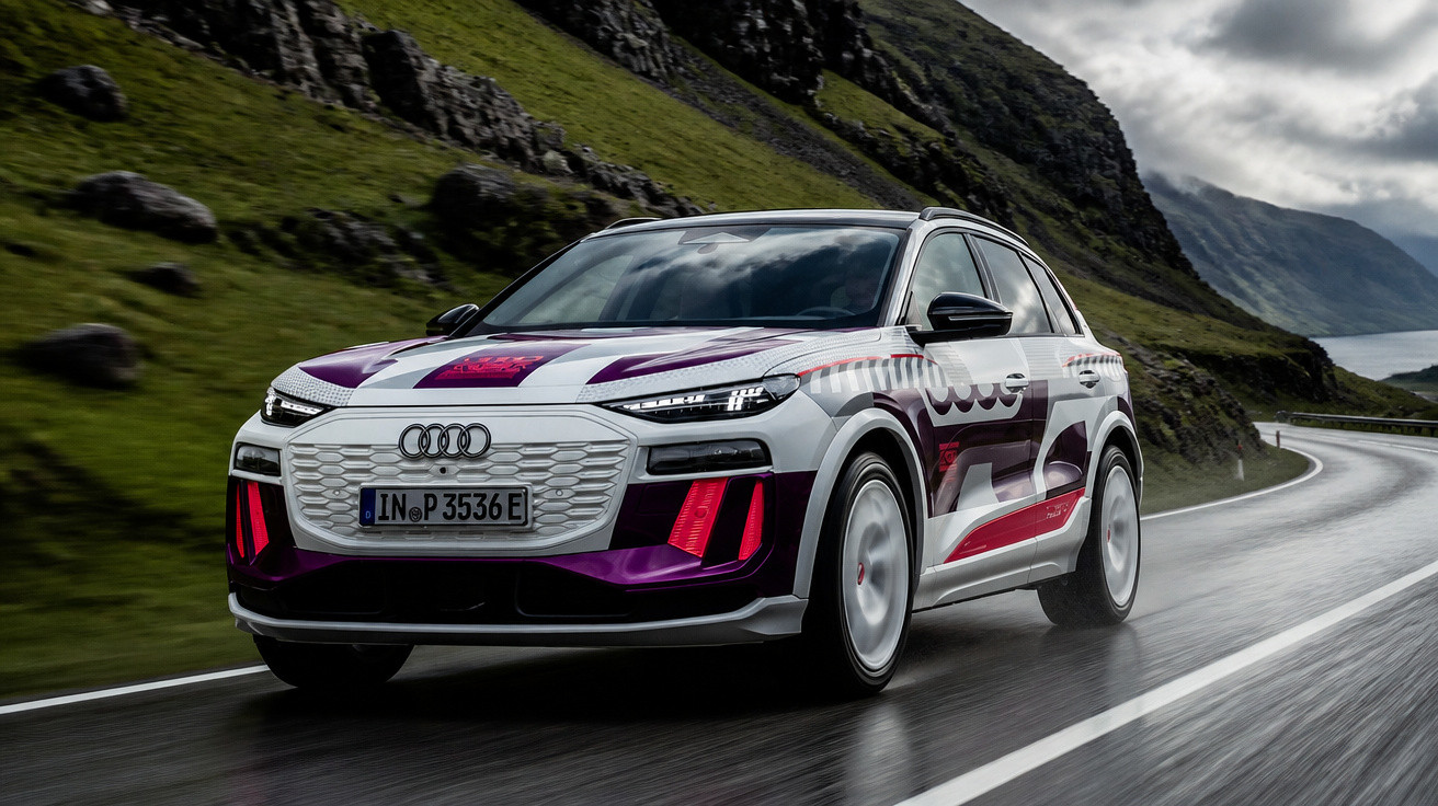 Carro elétrico Audi Q4 e-tron com pintura roxa e branca em estrada molhada com montanhas ao fundo.