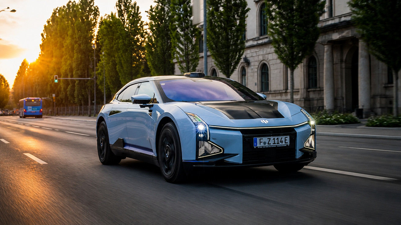 Carro elétrico azul modelo moderno circulando por estrada urbana ao entardecer com árvores e edifícios.