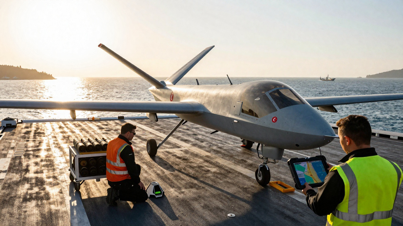 Drone militar cinza em plataforma próxima ao mar com dois homens operando equipamentos ao entardecer.
