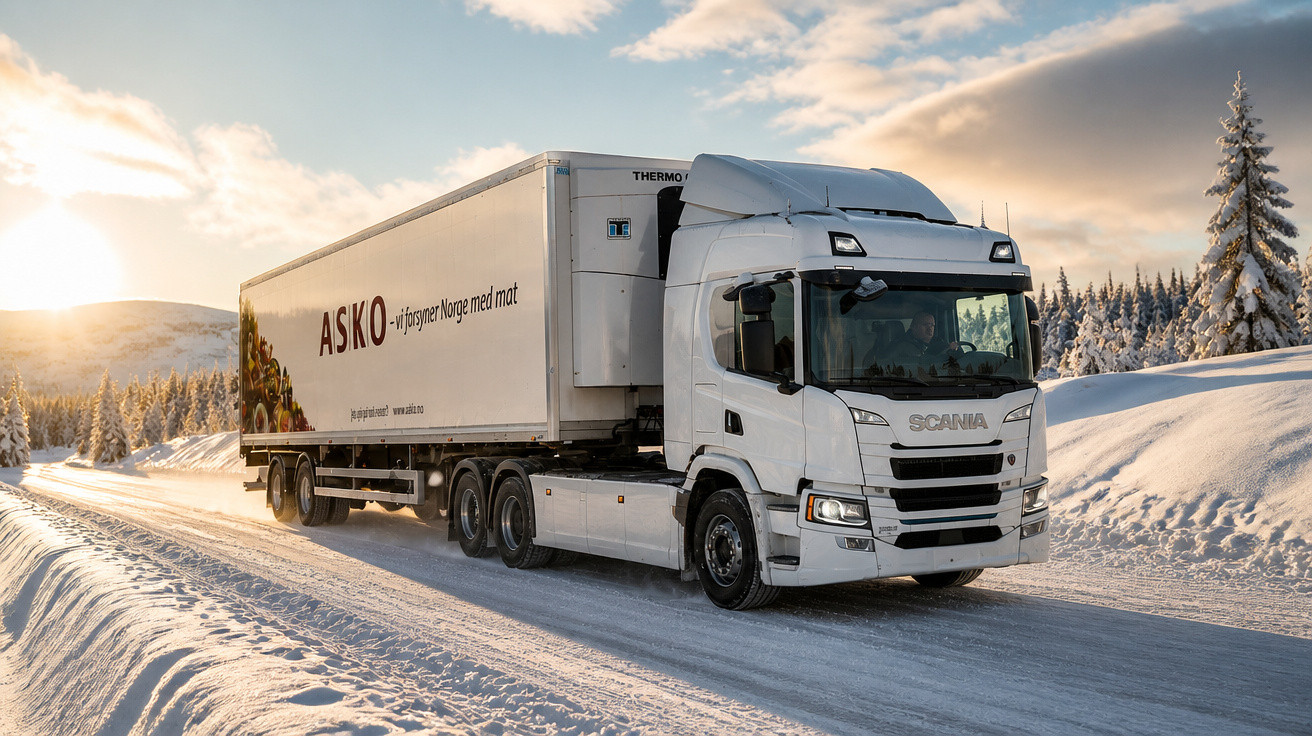Caminhão branco Scania transportando carga pela estrada coberta de neve ao pôr do sol.