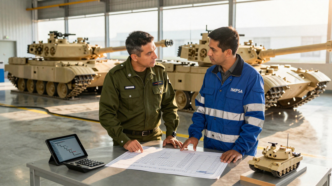 Dois homens discutindo projetos junto a modelos de tanques militares em uma oficina iluminada.