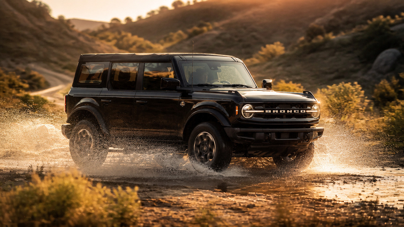 SUV preto Ford Bronco atravessando poça d'água em estrada de terra ao pôr do sol.