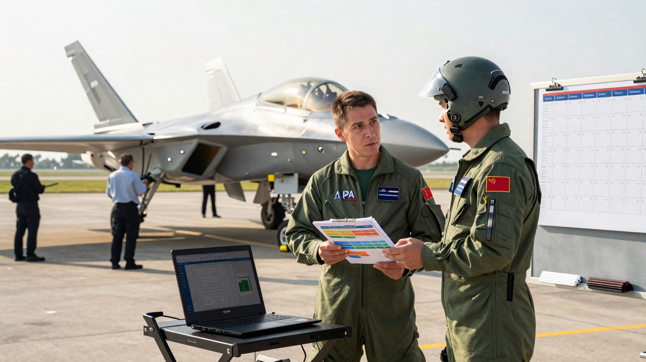 Dois pilotos em uniforme verde conversam com documentos na mão próximo a computador e caça em pista de aeroporto.