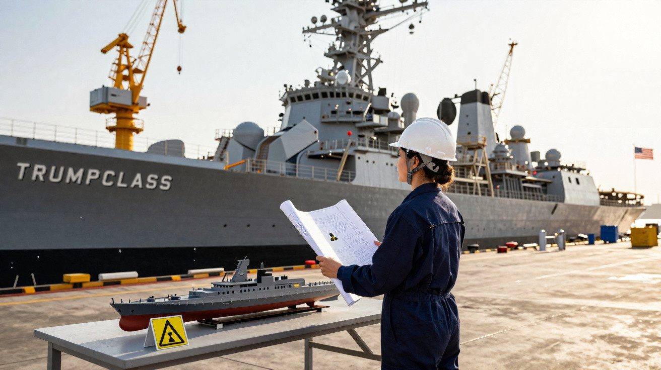 Pessoa com capacete branco revisa plantas na doca perto de navio militar cinza com nome Trumpclass.