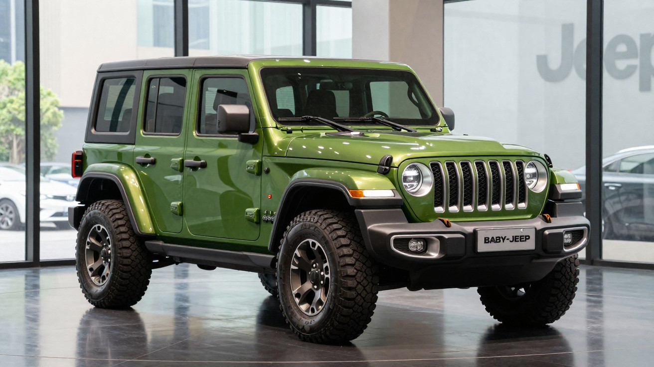 Jeep Wrangler verde 4 portas em exibição dentro de showroom iluminado.