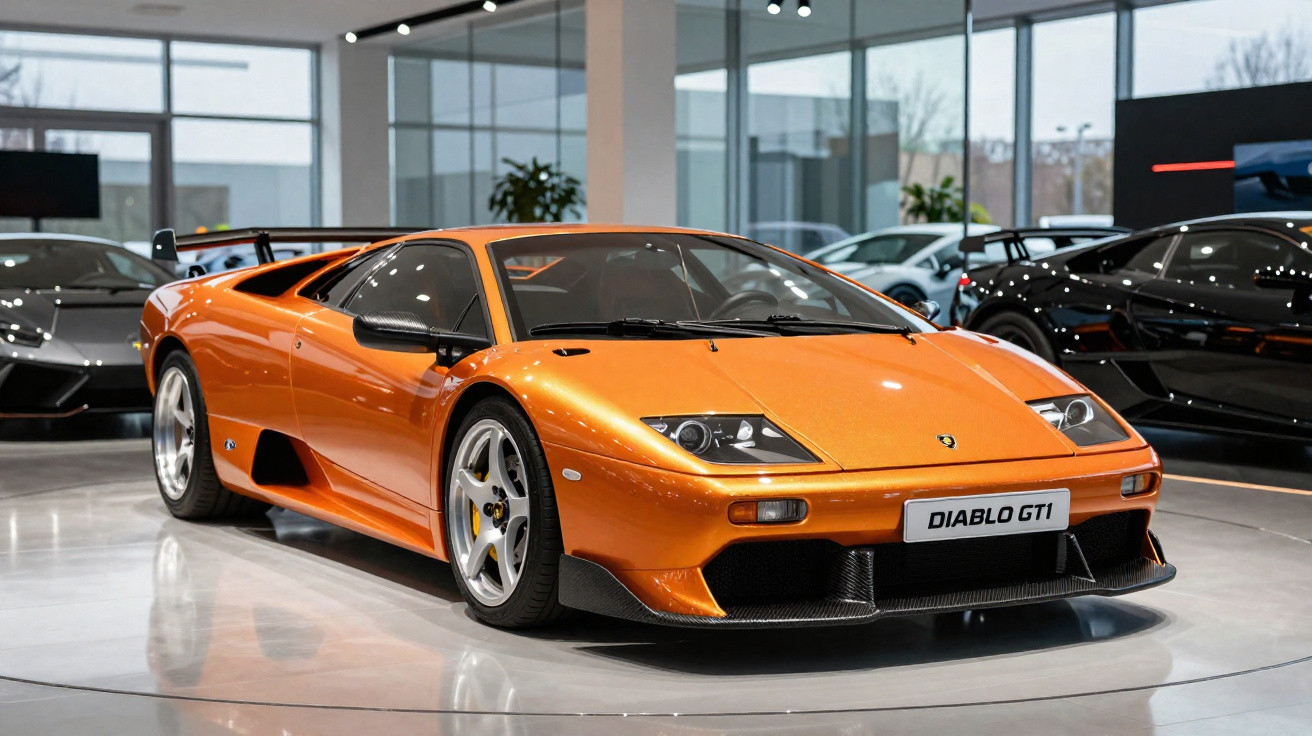 Carro esportivo Lamborghini Diablo GT1 laranja em exibição dentro de showroom com outros veículos ao fundo.