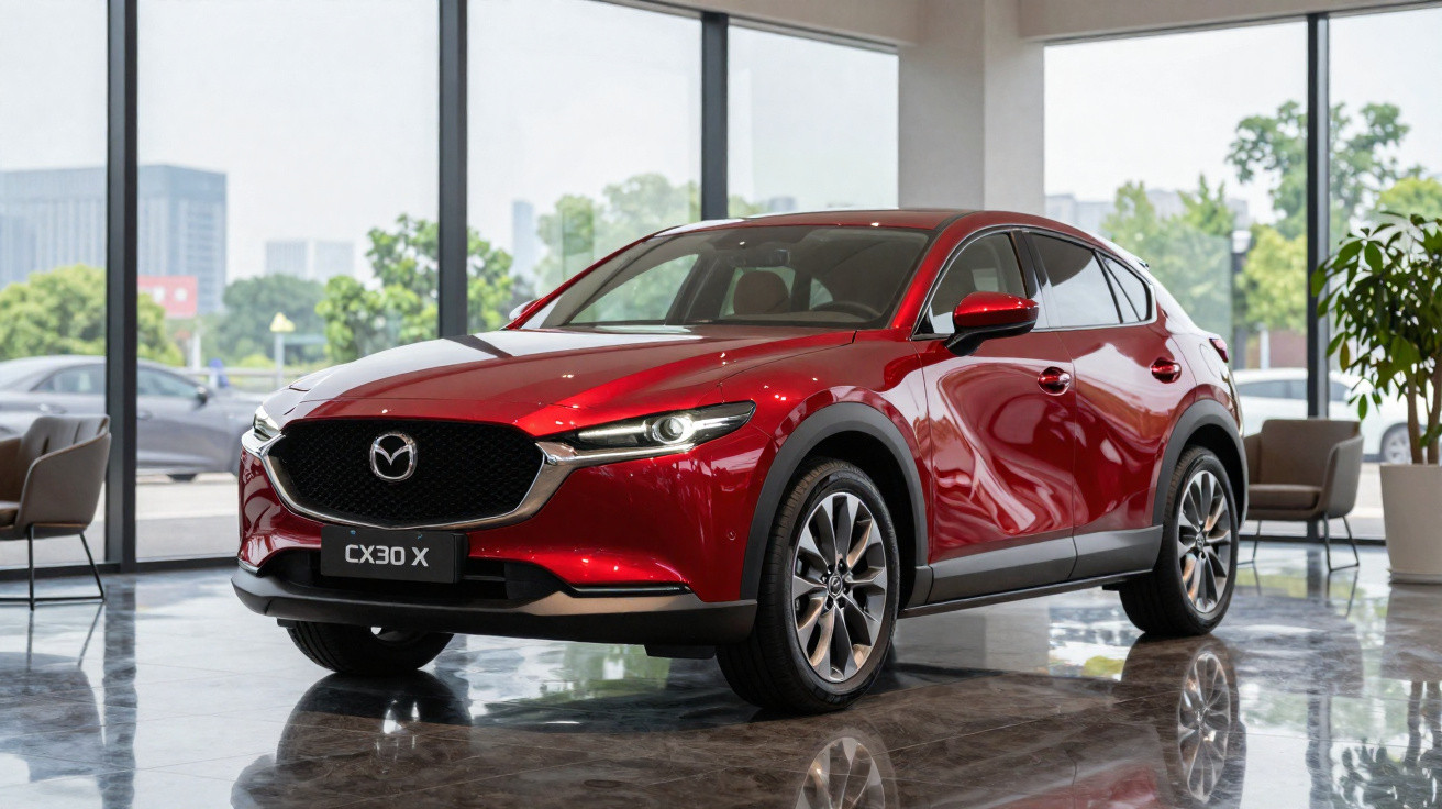 Carro SUV vermelho Mazda CX-30 X em exibição dentro de showroom com piso refletivo e grandes janelas.
