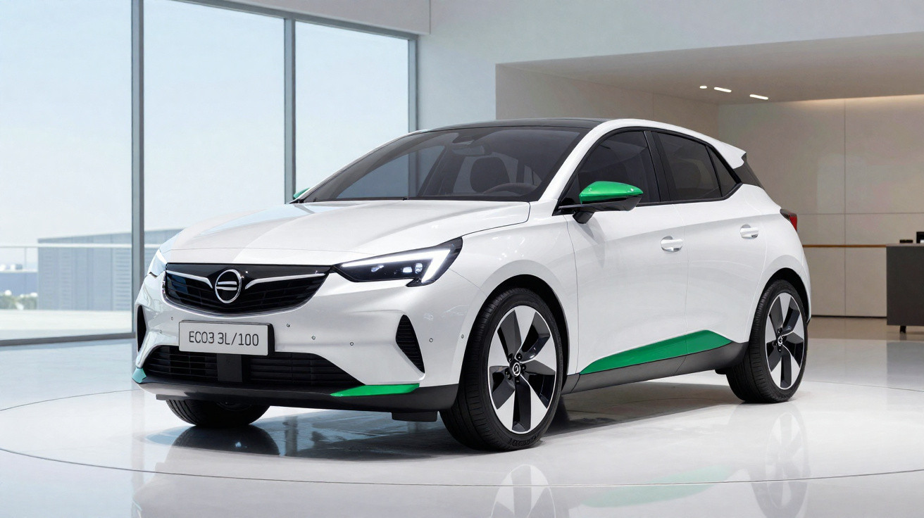 Carro compacto branco com detalhes verdes exibido em showroom moderno e iluminado.