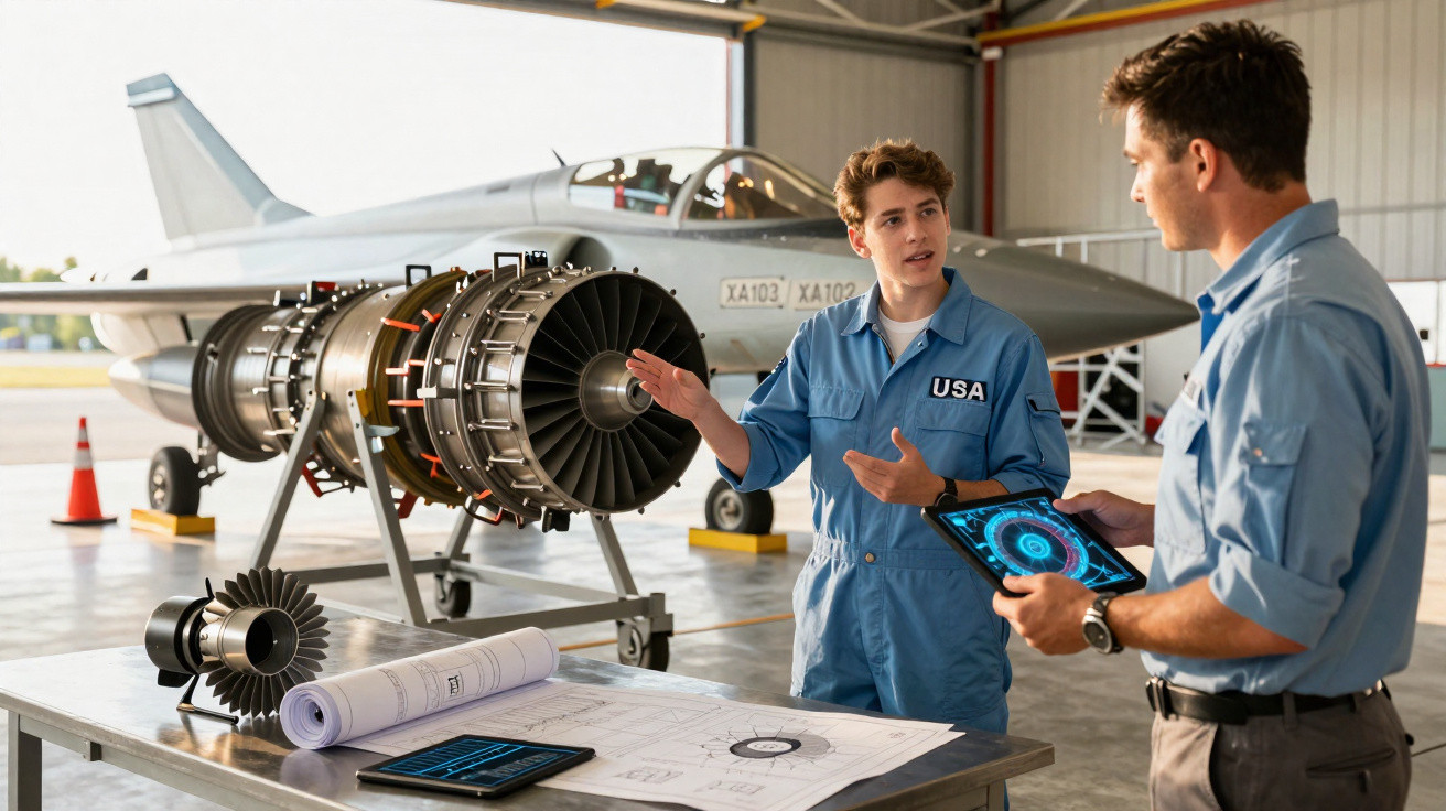 Engenheiros em macacão azul discutem projeto de motor a jato ao lado de avião em hangar.