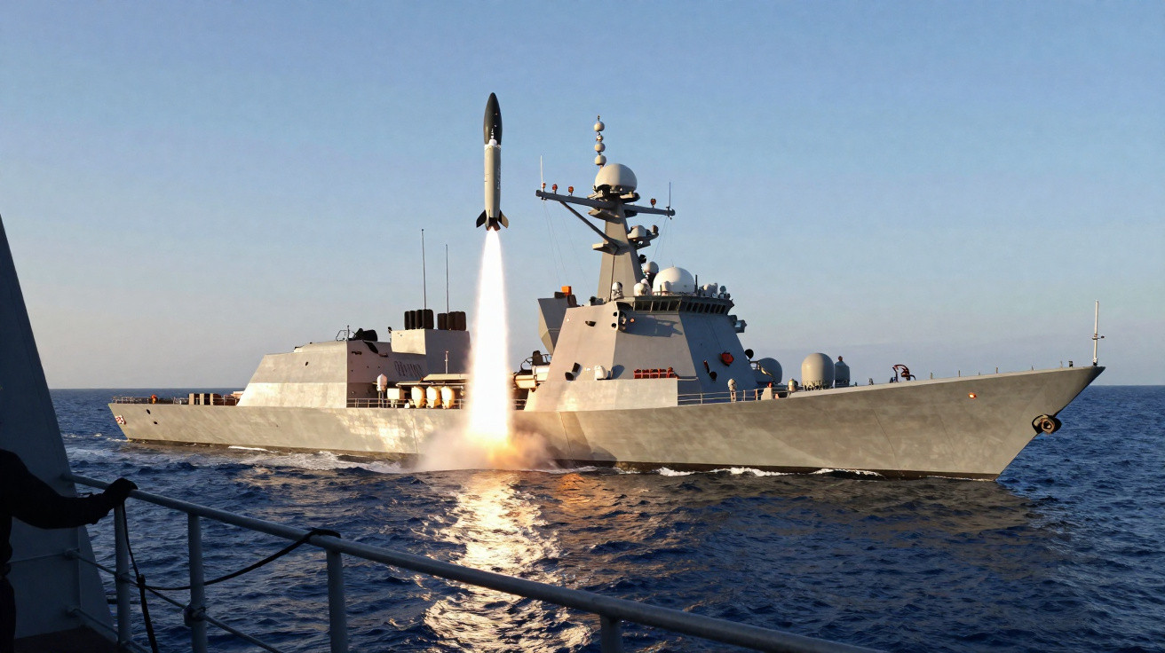 Navio de guerra lança míssil ao mar em dia ensolarado com céu azul.