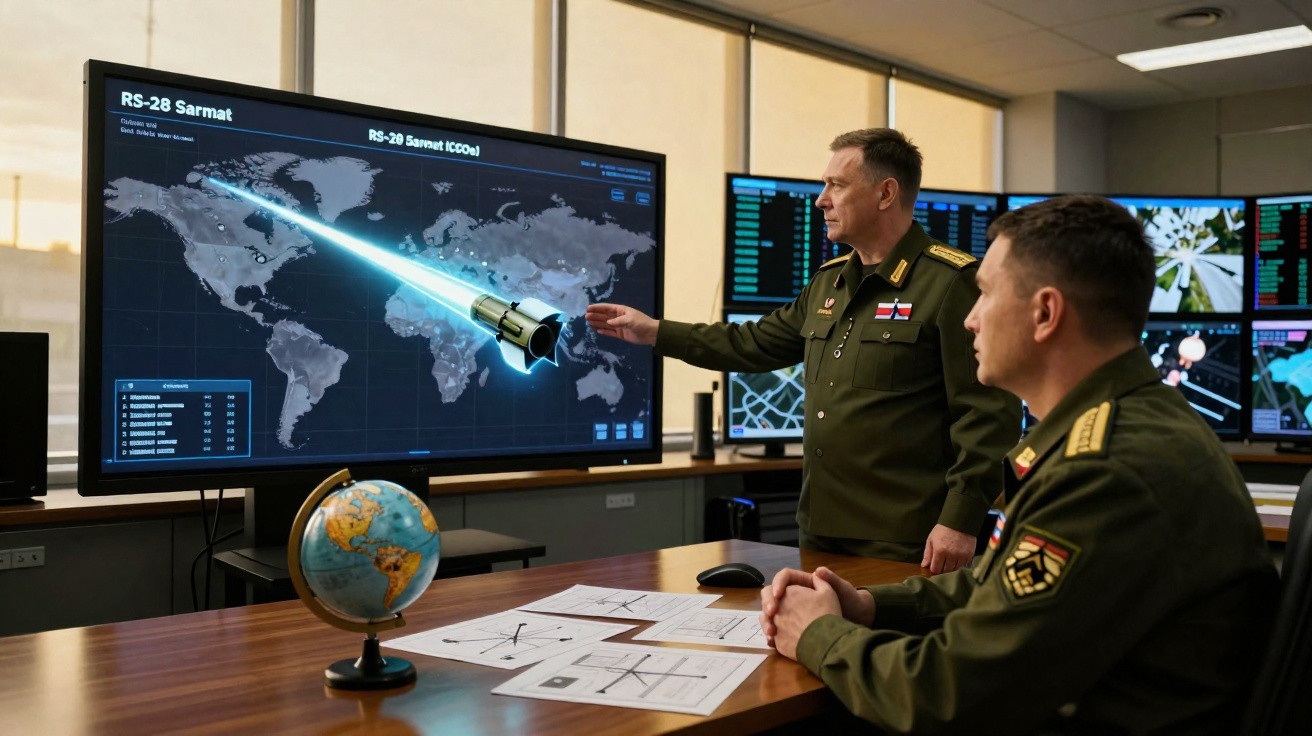 Dois militares em sala de comando analisando tela com mapa mundi e imagem de míssil RS-28 Sarmat.