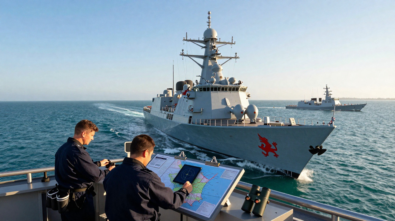 Dois marinheiros operam equipamento de navegação em um barco próximo a dois navios de guerra no mar.