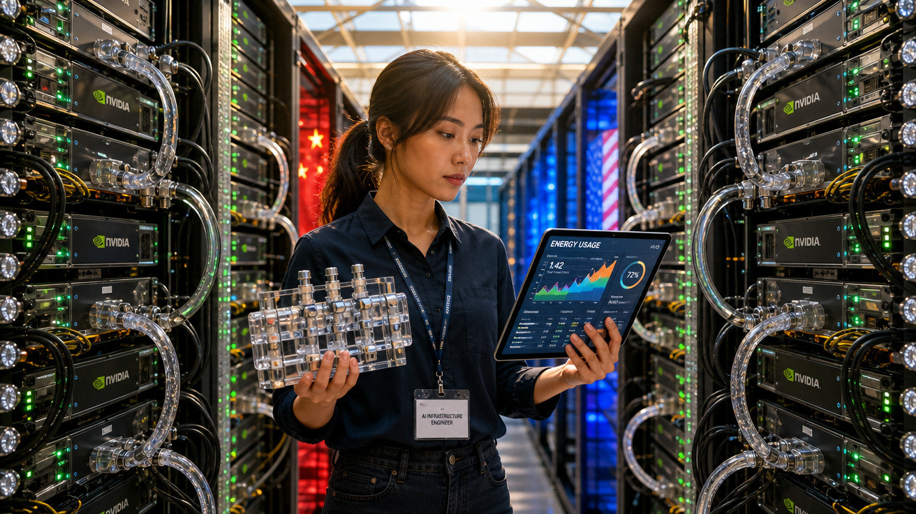 Mulher engenheira em data center segurando dispositivo e tablet com dados de consumo de energia.