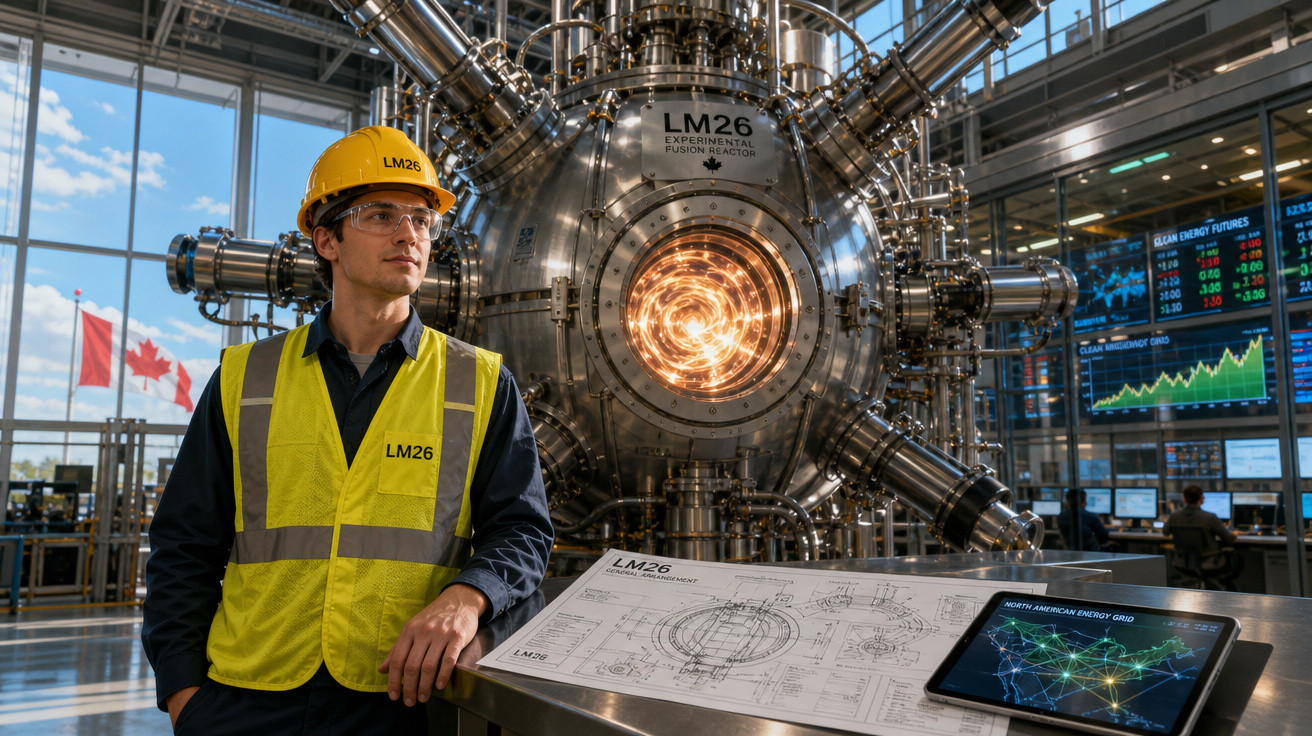 Homem com capacete e colete em laboratório próximo ao reator experimental de fusão LM26.