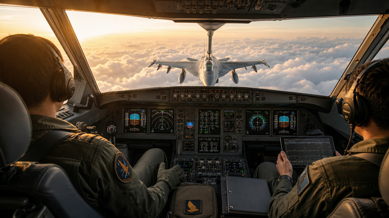 Imagem da cabine de comando com dois pilotos e uma aeronave militar voando entre as nuvens ao pôr do sol.