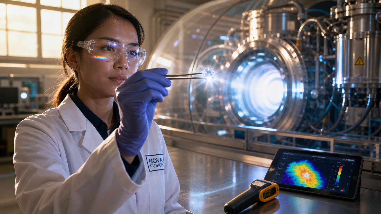 Cientista com jaleco e óculos de proteção manuseia instrumento em laboratório tecnológico avançado.